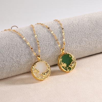 China Fashion TRENDY Chinese Style Round 18K Gold Titanium Steel Lucky Fish Natural Jade Necklace for sale