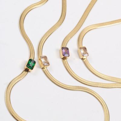 China Trendy 18K Gold Plated Stainless Steel Diamond Choker Necklace Green Fashion 18K Snake Chain Rectangular Zircon Necklace for sale