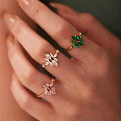 China TRENDY Fashion 18K Gold Plated Green Flower Stainless Steel Zircon Rings Adjustable Zircon Ring For Women for sale