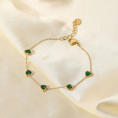 China New FASHIONABLE 14K Gold Plated Green Zircon Heart Bracelet Charms Stainless Steel Heart Bracelet For Women for sale