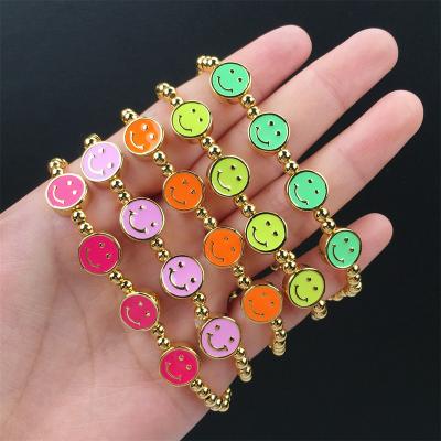 China FASHIONABLE Hot Selling Gold Plated Colorful Enamel Smiley Face Beads Elastic Bracelet For Women for sale