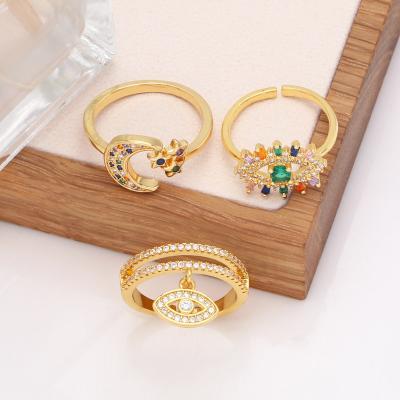 China Trendy Gold Plated Moon Star Colorful Ring Open Hot Sale Colorful Zircon Ring Fashionable Statement Eye Ring for Women for sale