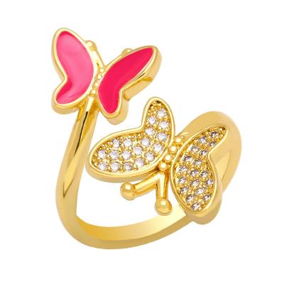 China FASHIONABLE Oil Drip Colorful Zircon Ring Gold Plated Double Butterfly Ring Open Fashionable Butterfly Ring for Women for sale