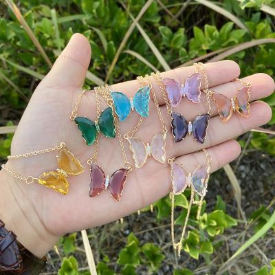 China Trendy Fashion Women Necklace Pink Butterfly Necklace Glass Pendant Gold Plated Butterfly Necklace for sale