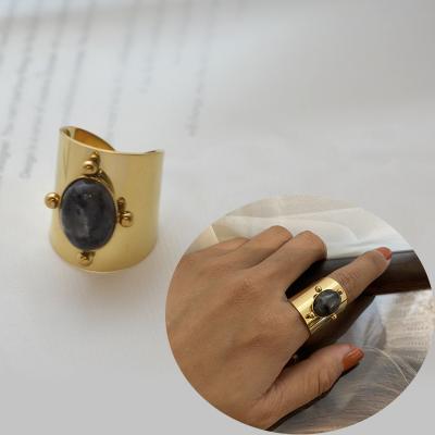 China FASHIONABLE Gold Titanium Ring14K Steel Open Ring Stone Natural Gemstone Fashionable Vintage Gold Plated Metal Rings for sale