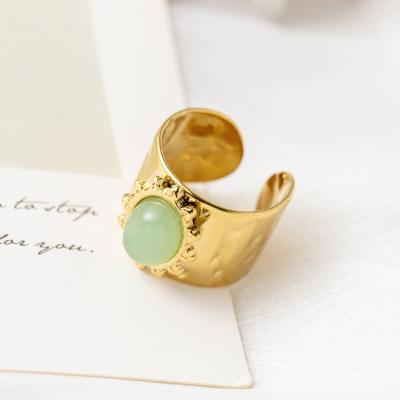 China FASHIONABLE Ring Wide Ring Stone Natural Titanium Steel Oval Gemstone Gold Vintage Aventurine Open Stone Ring Green for sale