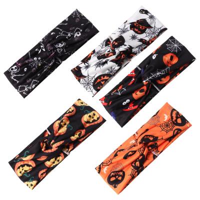 China 2022 New Halloween Props Black Skull Orange Pumpkin Pattern Stretchy Turban Headband Decoration Jewelry for sale