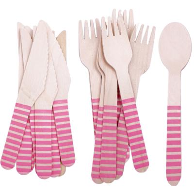 China Disposable Colorful Stripes Printed Disposable Birchwood Wooden Cutlery Knife Fork And Spoon for sale