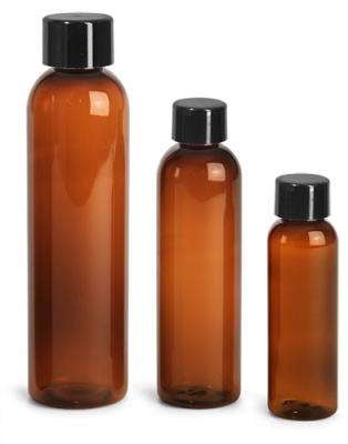 China BEAUTY PACKAGING Amber Cosmo Round Bottles Plastic Bottles, Amber PET Cosmo Round Bottles Black Ribbed Fine Mist Caps Black Disc Top Caps for sale