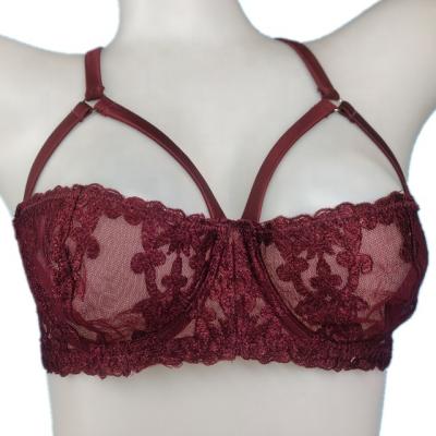 China Red Color Embroidery Breathable Mesh Women's Gothic Style Underwire Lingerie Erotic Bra Lady Underwear for sale