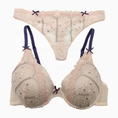 China Beautiful Breathable Rhinestone Luxury Bra Pink Embroidered Lingerie Sets for sale