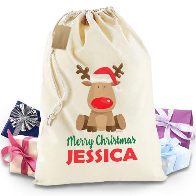 China Eco-friendly Cotton Canvas Santa Claus Cartoon Embroidery Candy Bag Handled Gift Christmas Promotional Gifts Bag for sale