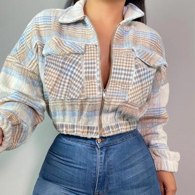 China Collar Spring Autumn Zipper Woven Shirt Women Minimalist Plaid Turndown Jacket With Pocket for sale