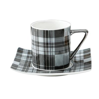 China Durable European Style Luster Coffee Cup And Saucer Office Porcelain Coffee Milk Ceramic Cup For Household With Checkered Pattern for sale