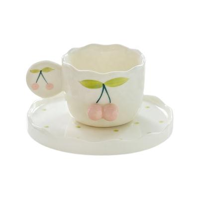 China Cute Viable Cherry Ceramic Mug Office Water Porcelain Snack Dish Home Coffee Cup And Saucer Set For Daily Use With Handle for sale