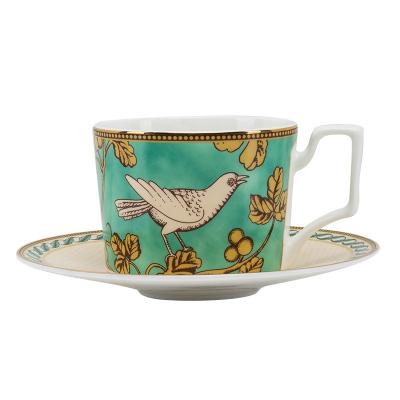 China Viable Nordic Style Bone China Coffee Cup And Saucer Set British Office Home Ceramic Afternoon Tea Cup With Bird Gold Silk Pattern for sale