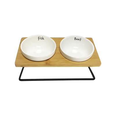 China Viable Pet Supplies White Ceramic Pet Bowl Porcelain Cat Bowl Pet Food Bowl Wooden Stand for sale