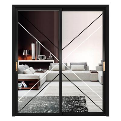 China Modern Customized Soft Closing Black Color Narrow Frame Double Tempered Glass Sliding Door for sale