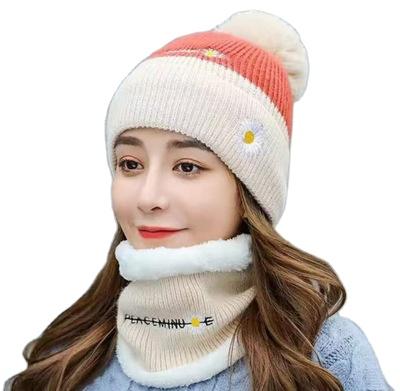 China Warm Plush Hood Knitted Hat Scarf Mid Winter Women's Outdoor Earmuff Ball Collar Hat Set 2021 for sale