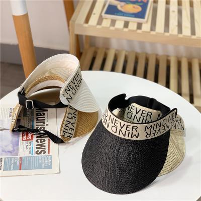 China 2021 Sun Visor Summer Printed Ribbon Letters Straw Sun Visor Ladies Visor Straw Elastic Sun Visor Cap For Travel Beach for sale