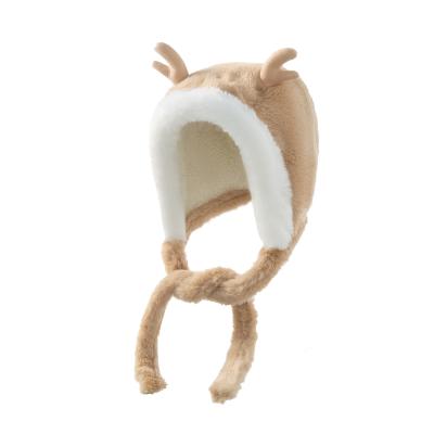 China 2021 Winter COMMON Fleece Baby Hat With Antlers Decoration Kids Winter Beanie Hat With String for sale