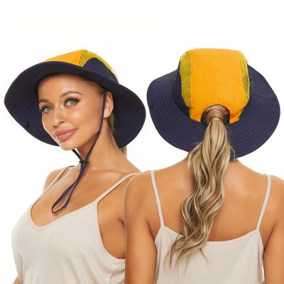 China 2021 Wide Brim CIO Bucket Ponytail Popular Bucket Hat Safari Hat For Women Mesh Ponytail Bucket Hat Breathable for sale