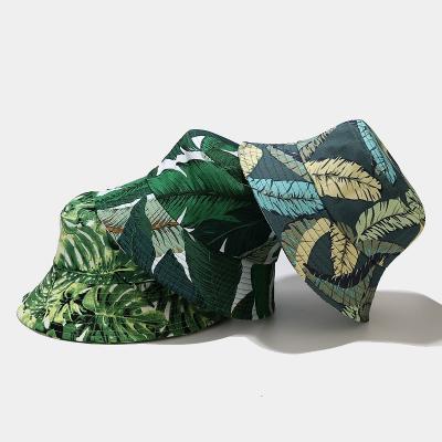 China 2021 New Design Verified Miami Printed Bucket Hats Umbrella Bucket Hat Tropical Leaf Bucket With Strap for sale