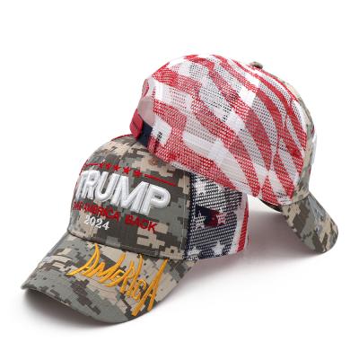 China Red and Camouflage Mesh Take America Back Trump COMMON Hat with Donald Trump Embroidered Signature with National Flag Printed on Mesh for sale