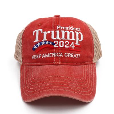 China COMMON 2024 Trump Mesh Trucker Cap Washed Denim Embroidered Election Trump Hat For Women And Men for sale