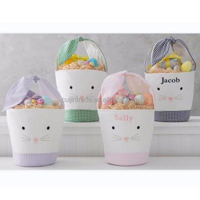 China Hot Sale Rabbit Easter Basket Easter Basket Storage Gifts Handle Bag Name Gingham Easter Bunny Bucket With Bow Custom Plaid for sale