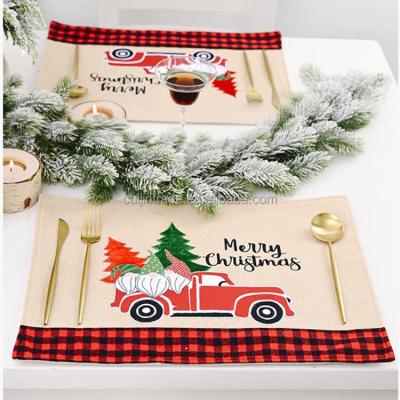 China Sustainable Cotton High Quality Woven Kitchen Dining Area Rug Monogram Merry Christmas Table Custom Canvas Place Mat With Truck And Tree for sale