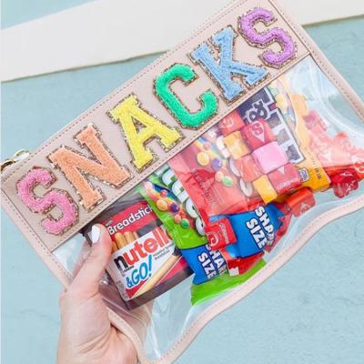 China 2022 New Arrival Clear Flat Pouch Transparent Embroidery Patches Cosmetic Bag Pencil Case Fashion Clear Flat Pouch Snack Bag PVC Make Up Bag for sale