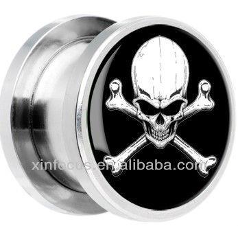 China Steel Black White Skull And Stainless Steel Crossbones Screw Plug_body Fitting Jewelry for sale