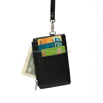 China Fashion id black leather wallet with window pocket zipper neck card holder rfid card wallet for sale