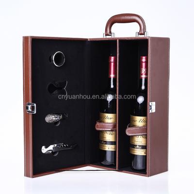 China 2 Bottle Whiskey Wine Leather Wine Crate Handmade Package Box Portable PU Wine Case for sale