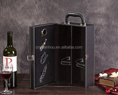 China Wine Customized 2 Bottle Insulated PU Wine Case Hard Leather Black Champagne Packing Box for sale