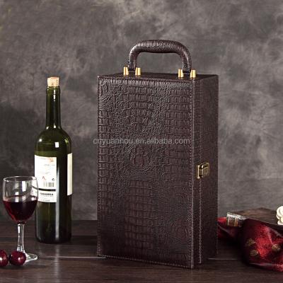 China Handmade Portable High Quality PU Leather 2 Bottle Champagne Packing Box Luxury Crocodile Leather Gift Set Wine Packing Case for sale