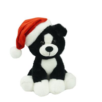 China Custom Soft Plush White Christmas Toys/Gifts/Christmas Kids Sitting Black Dog With Hat Red Brown Dog Stuffed Toy for sale