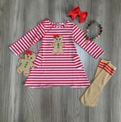 China Casual Baby Christmas Stripe Ginger Bread Dress Snowman, Truck, Tree Print with Purse and Socks for sale