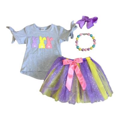 China Casual Easter Babies Lace Up Shirt Short Tutu Bunny Sleeve Colorful Bubble Skirt for sale