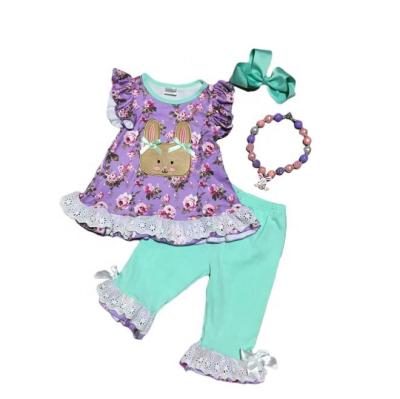 China Casual Easter Babies Lace Up Ruffle Sleeve Rabbit Floral Print Knickers Capri Top Set for sale