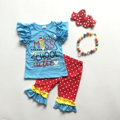 China Babies Summer Casual Outfits Back To School Clothing Kids Blue Polka Top Red Pants With Ruffle With Accessories for sale