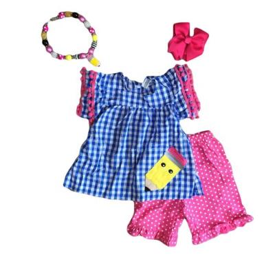 China Casual Babies Back To School Pencil Pom Pom Plaid Short Set for sale