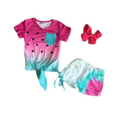 China Babies Summer Gradient Watermelon Tie T-shirt Casual Denim Shorts Set for sale