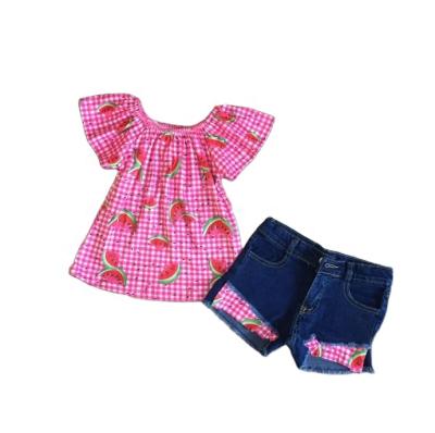 China Watermelon Casual Plaid Clothing Baby Kids Summer Lattice Shorts Top Set for sale