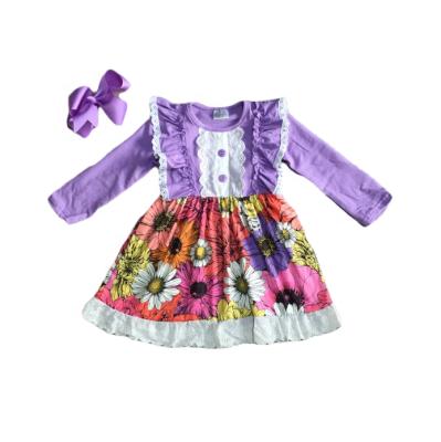 China Casual Baby Girls Fall Winter Rose Flower Bud Lace Purple Daisy Knee Length Girls Dress for sale