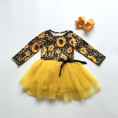 China Fall/winter baby clothes cotton leopard sunflower ruffle tutu skirt dress boutique knee length viable floral bow for sale