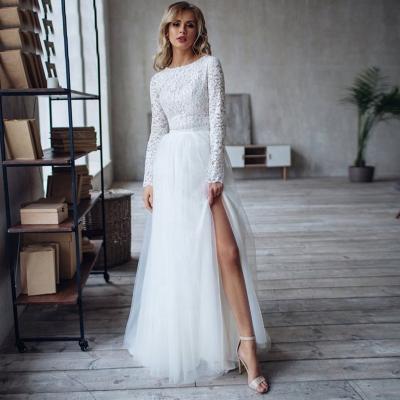 China Breathable High Slit Two Piece Sleeve Long Sexy A Line Boho Wedding Dress for sale