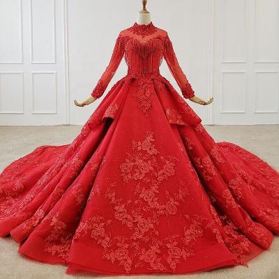 China Custom Anti-wrinkle Lace Long Sleeve Beaded Elegant Ball Red Wedding Dress for sale