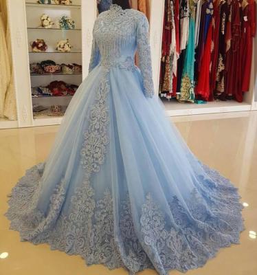 China Saudi Dry Cleaning O Neck Lace Beaded Muslim Blue Wedding Dress Crystal Long Sleeve Ball Gown For Bride for sale